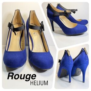 NWOT Rouge Helium Royal Blue, Size 10, 4” Heels w/ Black Bow & Zipper Accents